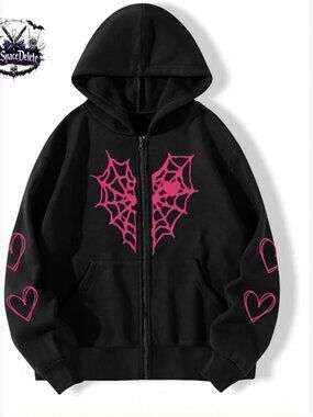 Oversized Gothic Hooded Zip-Up Jacket with Spider Web Print